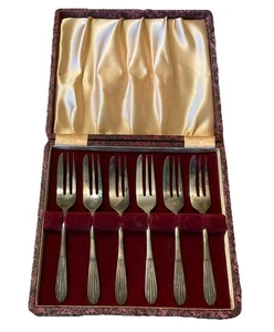 Vintage EPNS.A1 Set 6 Silver Plated Art Deco Cake Pastry Forks Original Box MCM - Picture 1 of 10