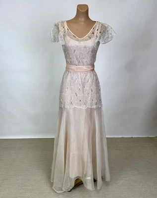 Antiguo Vestido Largo Rosa Pálido Años 30 Blanco Seda Floral Superposición COMO ESTÁ Foto 1 de 4