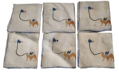 Vintage Cross Stitch Handkerchief Linen Man With Camel Blue Edge Set of Six SEE - Image 1 of 4