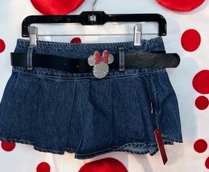 Disney Minnie Mouse Pleated Navy Denim Mini Skirt Bling Belt Women’s Small - Picture 1 of 5