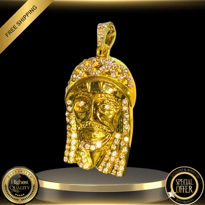 Colgante de lujo con cara de Jesús circonita cúbica helada tono oro 14k - declaración religiosa de hip hop Foto 1 de 4