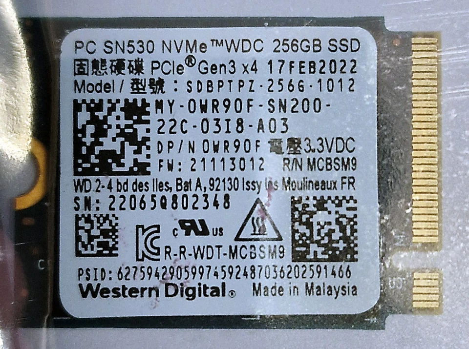256GB Westerm Digital SN530 NVMe PCIe M.2 2230 SSD (SDBPTPZ-256G-1012) - Image 1 of 1