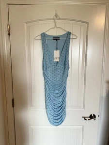 Zara Blue And Cream Polka Dot Ruched Fitted Short Dress Size Medium NWT - Picture 1 of 6
