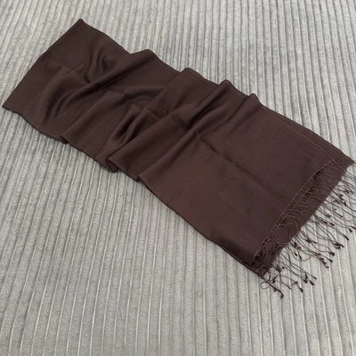 Silk Cotton Blend Scarf Brown Fringe Wrap Shawl Luxurious Stole - Image 1 of 4