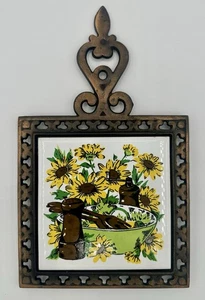 Vintage Gusseisen Untersetzer Keramik Sonnenblumenfliese 70’er MCM - Bild 1 von 6
