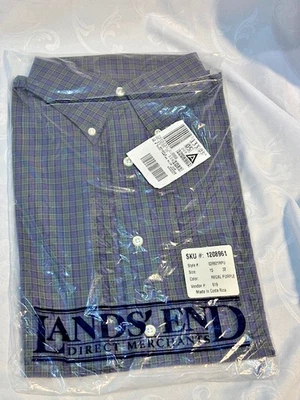 Lands End Oxford Shirt 15/32 Medium Regal Purple Green Checkered Classic - NEW - Image 1 of 4
