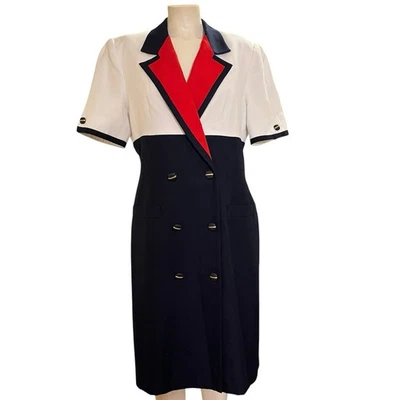 Vestido De Colección Kasper para ASL Azul Marino Blanco Rojo Doble Pecho Marinero Jkt 12 Midi Años 80 Foto 1 de 4