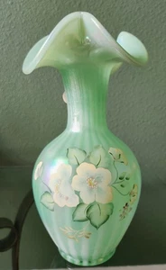 FENTON Art Glass Seafoam Willow Green Rib Optic Floral 9.75 VASE R. Blevins 95th - Picture 1 of 9