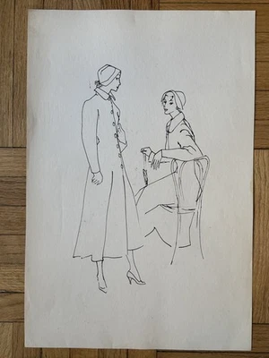 Original Rare Vintage Fashion Illustration Vogue Early 1950's Ink Paper OOAK - Image 1 of 4