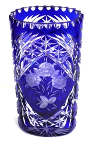 Vintage Rare Bohemian Czech Cobalt Blue Cut To Clear 10" Crystal Vase Art Deco - Picture 1 of 7