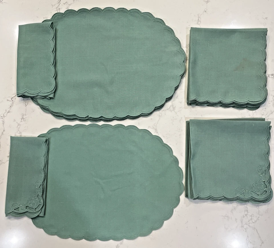 Set of 12 Scalloped Edge Placemats & 12 Napkins Cotton/Poly Teal Sea Foam Green - Image 1 of 3