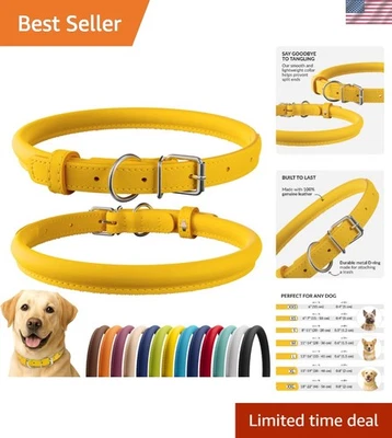 Rolled Leather Dog Collar - Soft, Durable, Waterproof, Yellow 18-22 Inch - Image 1 of 4