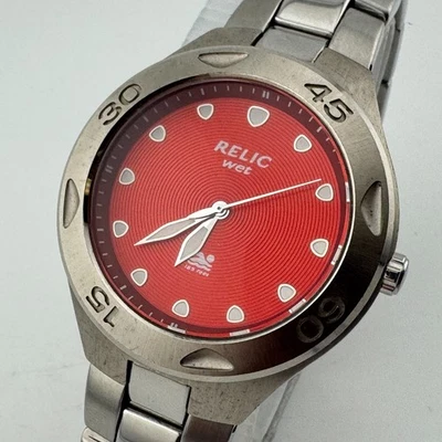 Relic Quartz Watch ZR11582 Men 50m Rotating Bezel Silver Red New Battery 7.5" - Image 1 of 4