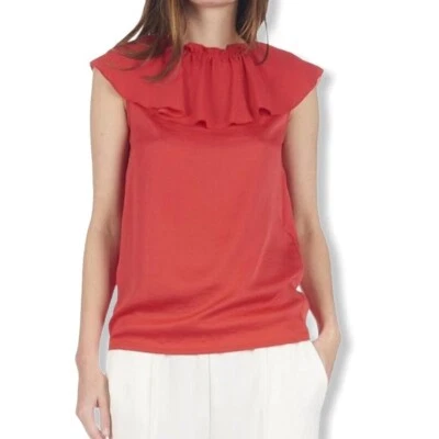 Maje Top Red Lierro Ruffle Overlay Lightweight Tie Back Silky Chic New 3/Large - Image 1 of 4