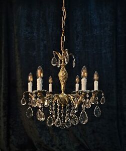 Beautiful Heavy 6 Arm French Gilded Vintage Crystal Chandelier Light