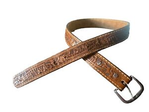 Boys Brown Belt Tooled Leather Southwestern Style Indie Cowboy Size 26 Youth