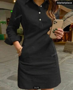 Casual Women Black Dress w Lapel Button - Picture 1 of 3