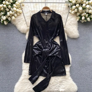 Fashion Lady Mini Shiny Satin Dress Tie Waist Casual Prom Party Banquet Dancing - Picture 1 of 23