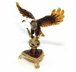 Faberge Enameled Eagle, 24K Gold Jewelry Trinket Box w/ Swarovski Crystal