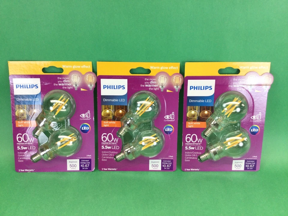 Philips Led Light Bulbs (4 ct) Warm Glow 60w G16.5 Candelabra Dimmable