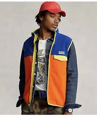Polo Ralph Lauren Color-Blocked Brushed Fleece Vest Men's SZ XL Orange Blue $168 - Image 1 of 4