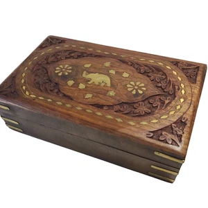 Hand Carved Wooden Rosewood Box with Single Trunk UP Elephant & Leaf Brass Inlay - Picture 1 of 6