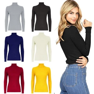 Women's Ladies Ribbed Turtle Polo Neck Long Sleeves Jumper Top Sizes 8-26 - Picture 1 of 24