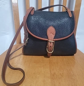 Rare VTG 80s Dooney & Bourke Black British Tan Leather Trim Shoulder XBody Bag - Picture 1 of 15
