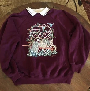 Vintage Morning Sun kastanienbraun Katze Blume Vogel Kragen Sweatshirt XL Cabin Creek - Bild 1 von 6