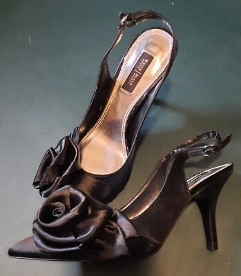 White House Black Market Abigail Black Pump Sling Back With Satin Rose On Toe... - Image 1 of 4