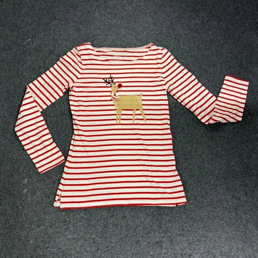 Boden Red White Striped Reindeer Christmas Long Sleeve Top Women US 4 - Image 1 of 4