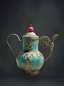 Green Stone Vintage old Ceremonial chinese China brass teapot - Picture 1 of 24