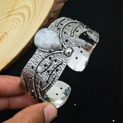 Brazalete brazalete brazalete de joyería hecha a mano con piedras preciosas de plata esterlina 925 con piedra lunar arco iris regalo Foto 1 de 4