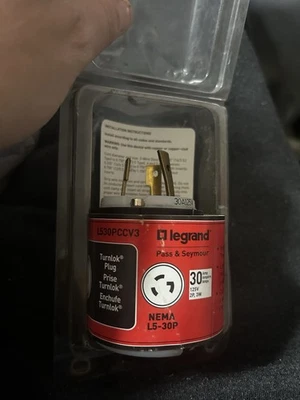 Pass Seymour Legrand Turnlok NEMA L5-30P 30A 125V 2P 3W Twistlock L530PCCV3 🎃 Foto 1 de 4