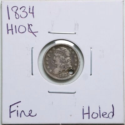 Media moneda de diez centavos busto tapado 1834 H10C con detalle fino perforado #2500 Foto 1 de 2
