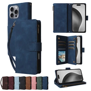 Flip Case For iPhone 16e 15 Pro Max 14 13 12 11 Leather Zip Card Wallet Cover - Zdjęcie 1 z 21