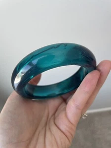 Lucite Teal Bangle Bracelet Chunky Oval Translucent Clear Blue Big 3” Vtg Mod - Picture 1 of 13