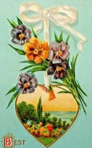 c1912  Valentine's Heart Locket Pansies Postcard - Picture 1 of 3