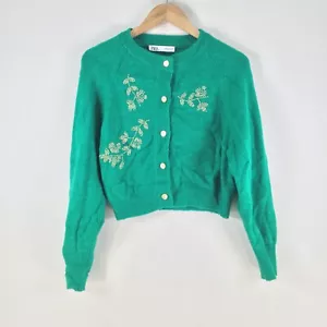 Zara womens knit cardigan size M aus 10 green floral long sleeve crop 107687 - Picture 1 of 9