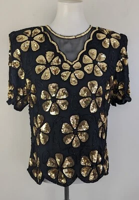 Vtg Kazar Silk Beaded Sequin Cocktail Top Black Gold Evening Formal Petite PM - Image 1 of 4
