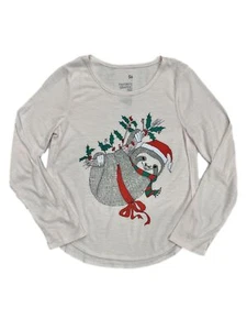 Girls Light Pink Christmas Sloth Long Sleeve T-Shirt Holiday Top Medium 8 - Picture 1 of 1