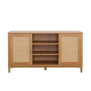65" TV Stand Light Honey Finish Adjustable Shelves Rattan Door Insert - Picture 1 of 9
