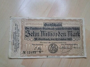 10 Milliarden Reichsmark Reichsbanknote Notgeld Gladbach Inflationsgeld - Bild 1 von 8