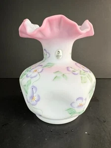 Fenton Blue Burmese Hibiscus Satin Large Pinched Vase Hand Painted - Picture 1 of 10
