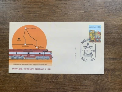 AUSTRALIA 1980 PSE 030 FDI TARCOOLA ALICE SPRINGS RAILWAY DUBBO MAIL STAMP - Image 1 of 2