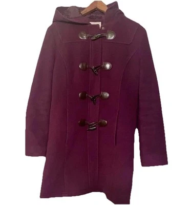 women’s LL Bean Toggle Coat size 8.  Hood, Lining, Plum Color, Italy - Image 1 of 3