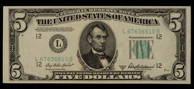 FR 1963-L $5 1950 B Federal Reserve Note US - UNC - Embossing - SKU-CA1532 - Image 1 of 2