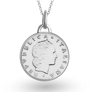 Rhodium Plated Italian 50 Lira Coin Medallion | Necklace | 1990 - 1995 - Picture 1 of 12