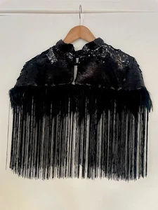 River Island Black Sequin Fringed Feather Cape Reverse Sequin Poncho Shawl Glam - Picture 1 of 10