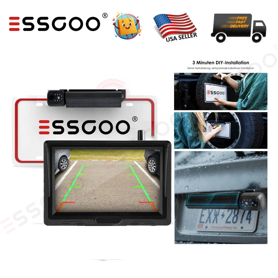 Magnetic Solar Wireless Backup Camera 5'' Monitor W/Camera car truck Trailer Bus - Image 1 of 4